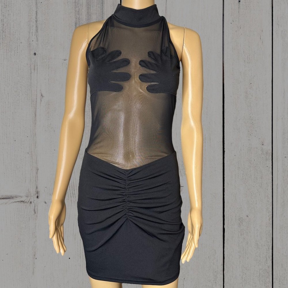 Black Mesh Mini Dress With Hands Covering Breasts Large Stretch Ruched Sleeveles